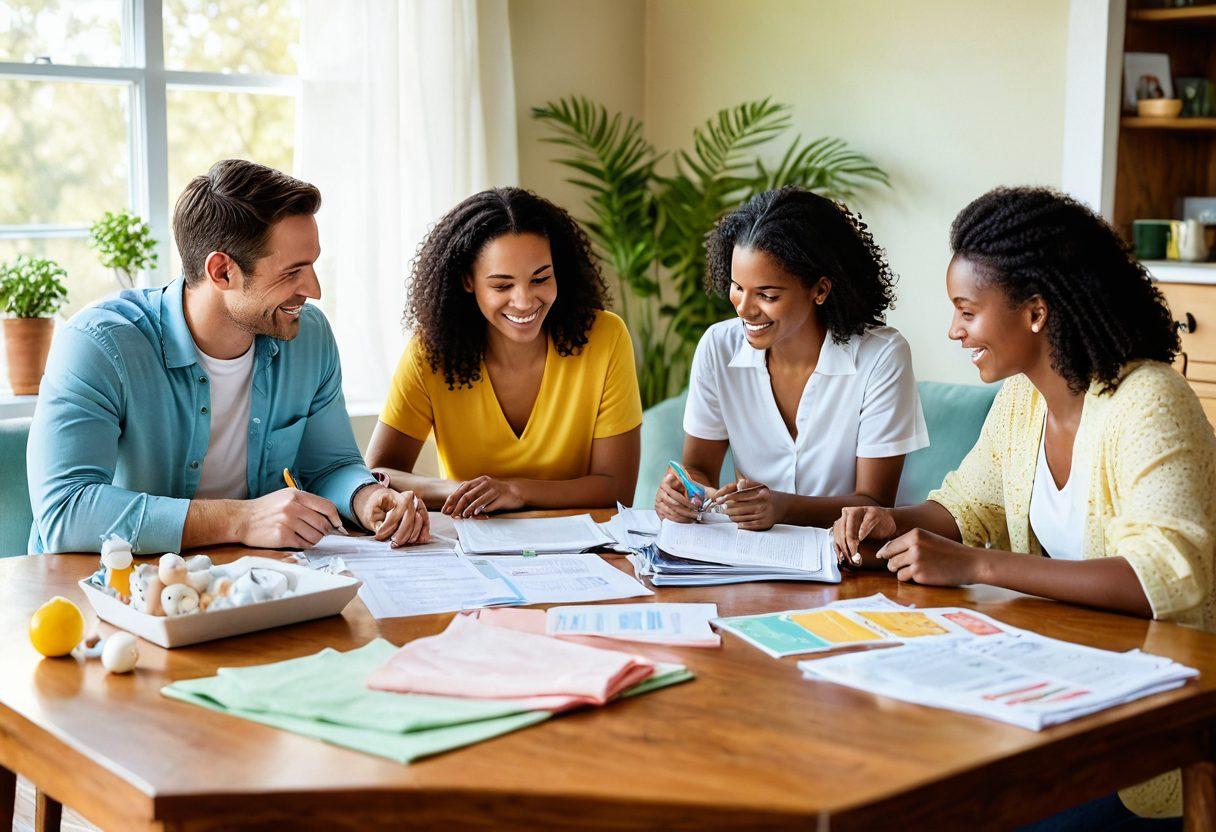 A cozy family scene featuring a happy family gathered around a table discussing insurance plans and baby essentials. Include baby items like diapers, bottles, and toys, alongside insurance documents and a calculator. The background should show a sunlit room with cheerful colors accentuating warmth and security. Infuse elements of hope and protection, like a soft glowing light representing a bright future. super-realistic. vibrant colors.