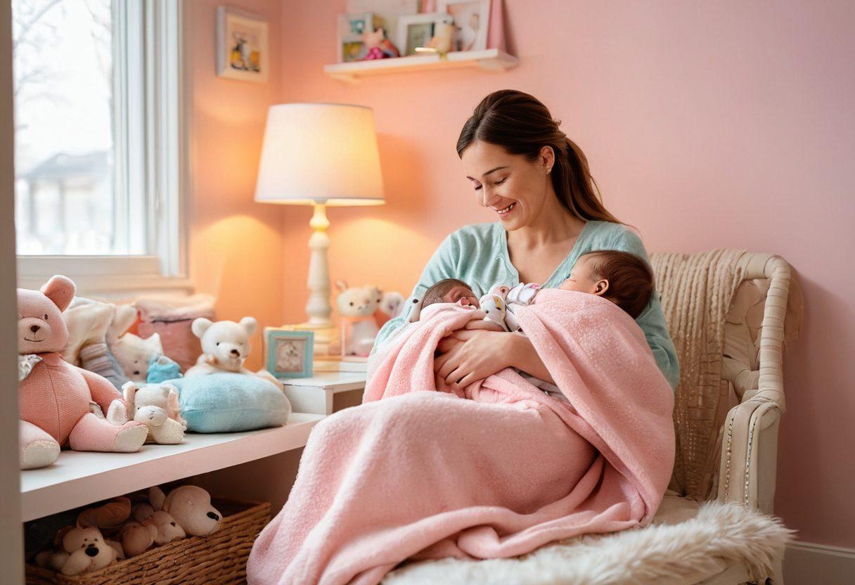 A heartwarming scene of a cozy nursery filled with various baby essentials, such as soft blankets, cuddly toys, and adorable clothes neatly arranged. Include a joyful parent holding a baby in their arms, surrounded by thoughtful gift ideas like books, handmade items, and personalized keepsakes. Use pastel colors for a gentle and inviting atmosphere, adding a touch of warmth and love to the composition. soft focus. vibrant colors. warm lighting.