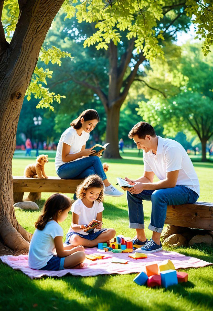 A warm, inviting family scene depicting parents engaged in playful activities with their children in a sunny park. Include diverse family dynamics, showcasing laughter and support. Illustrate educational toys and books scattered around, symbolizing child development. Add soft, pastel colors to create a nurturing atmosphere. A whimsical, storybook illustration style.